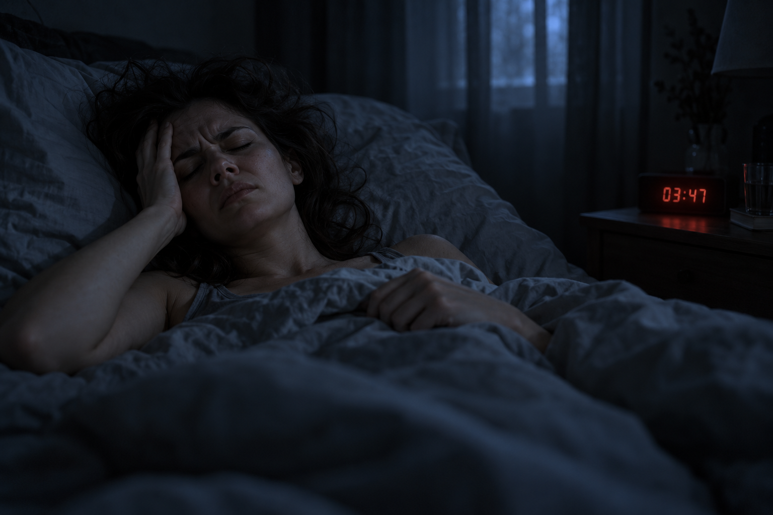Mujer despierta a las cuatro de la madrugada, con la mano en la sien, sin la máscara