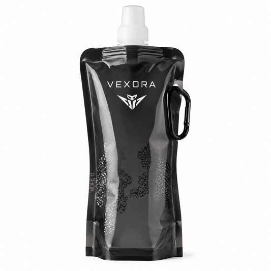 Vexora — Botella plegable de bolsillo con mosquetón, color negro