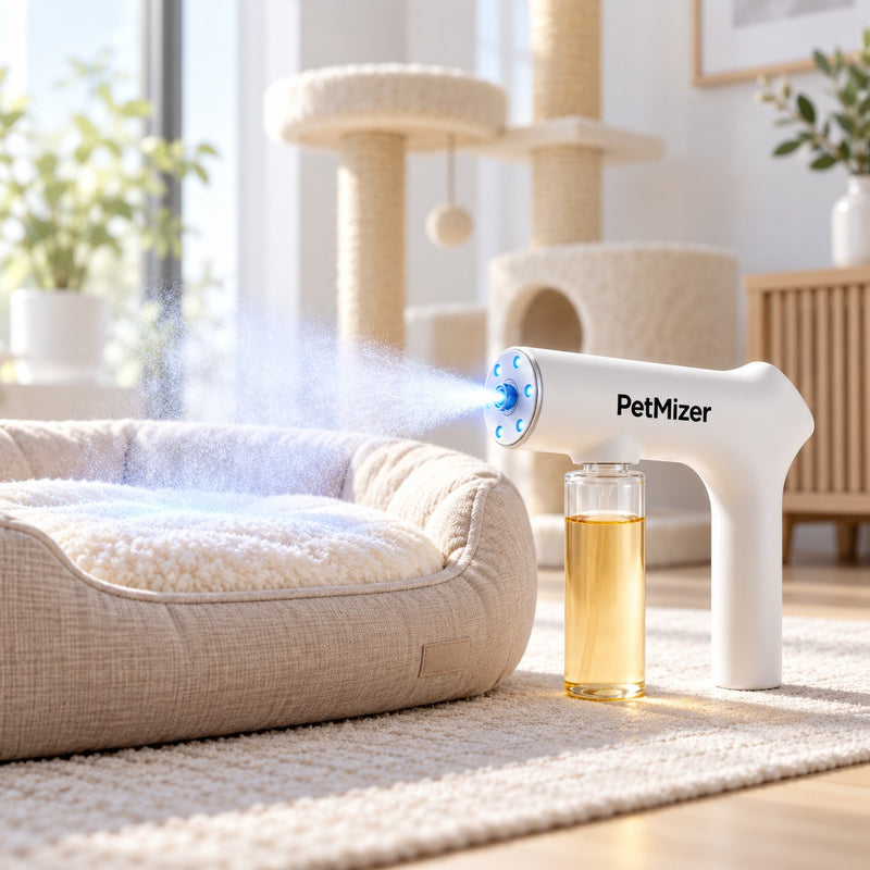 PetMizer auf einem Hundebett und einem Kratzbaum